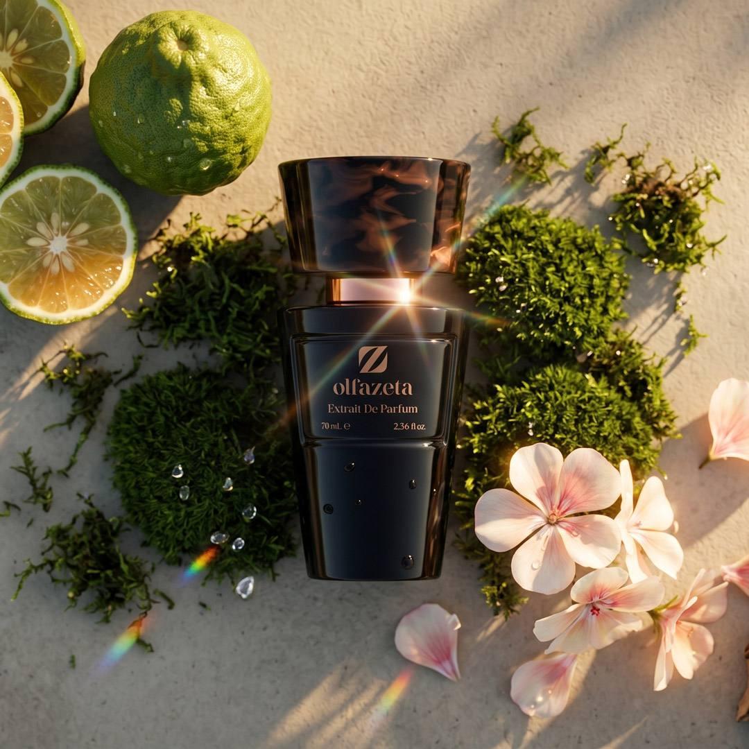 Frasco preto Olfazeta by Chogan Millésime N°164 em flat-lay entre musgo verde, citrinos e flores cor-de-rosa ao sol