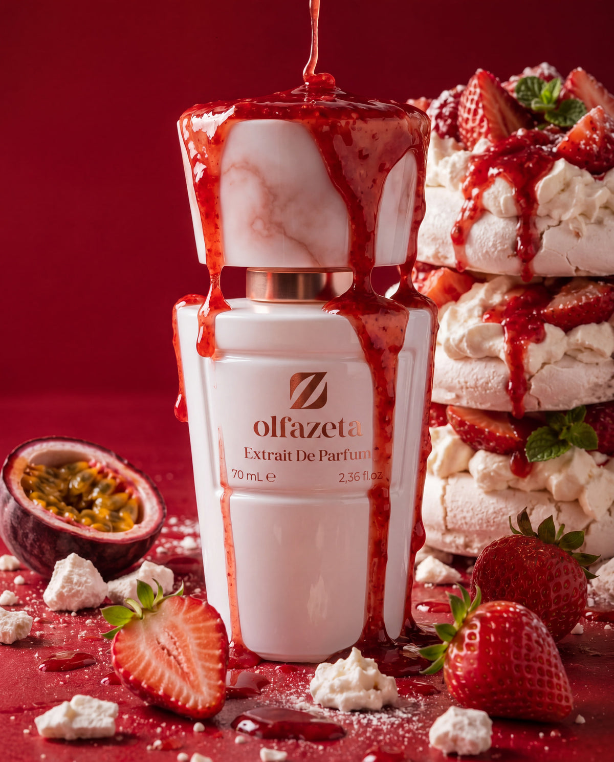 Frasco branco Olfazeta by Chogan Millésime N°163 coberto de coulis de morango, pavlova e frutos vermelhos sobre fundo vermelho