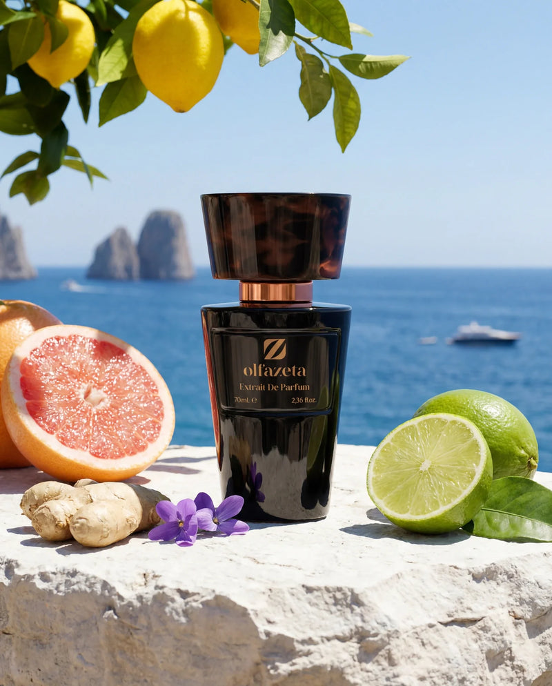 Frasco preto Olfazeta by Chogan Millésime N°02 com toranja, lima e gengibre à beira-mar